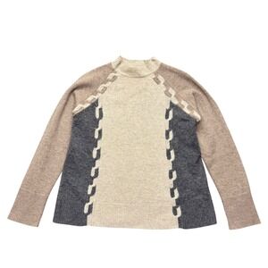 Alashan Women's Merino‎ Wool Colorblock Mock Neck Sweater Tan Grey Cream Size M